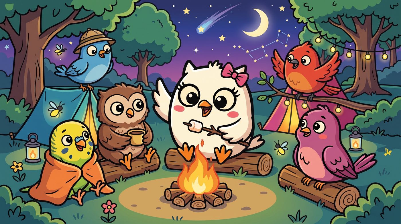 HOOTY and the flock camping around a fire under a starry sky